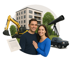 Pareja sonriente con activos inmobiliarios y financieros